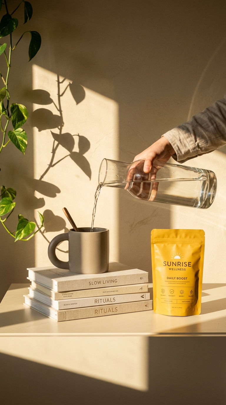 AI ustvarjena produktna fotografija izdelka Sunrise Wellness – primer iz AI delavnice za marketing